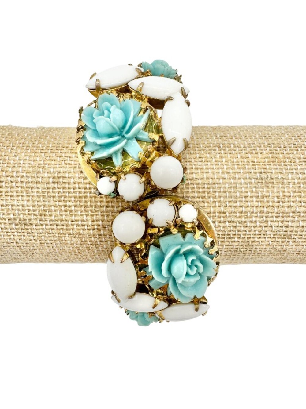 Vintage Hinged Bracelet Aqua Blue Floral Resin White Cabochons Gold Tone Metal